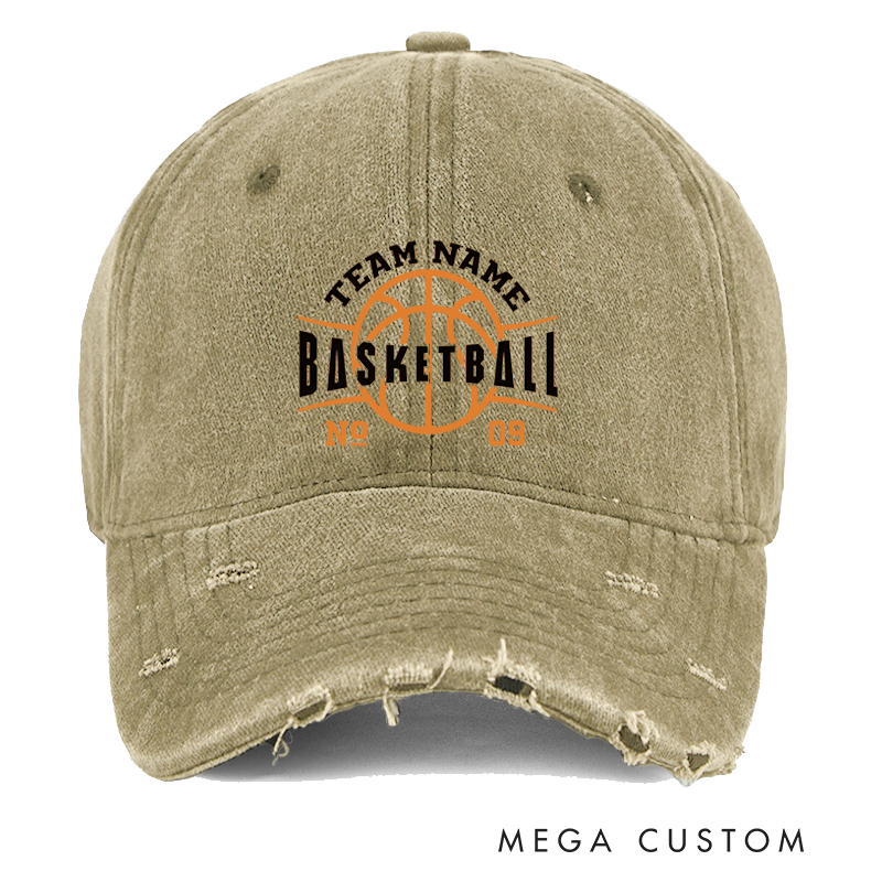 Personalized Distressed Basketball Cap with Custom Team Name Number and Basketball Graphic Design