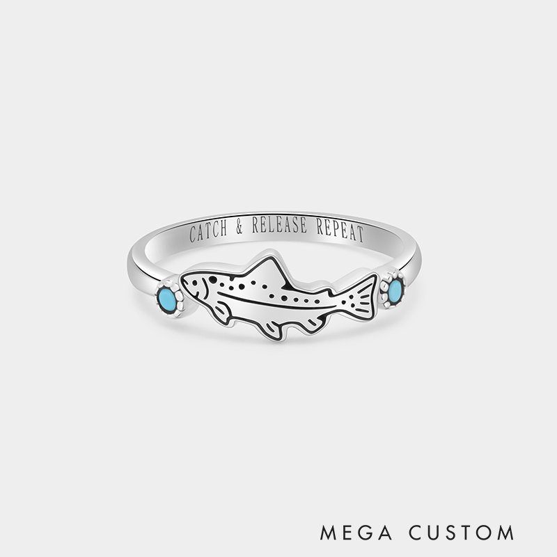 Personalized Sterling Silver Vintage Turquoise Trout Ring Custom Engraved Text