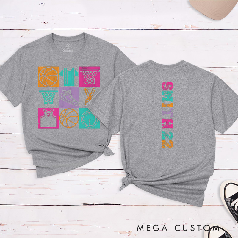 Personalized Basketball T-Shirt Design Featuring Colorful Sports-Themed Graphics on the Front with Customizable Name and Number on the Back
