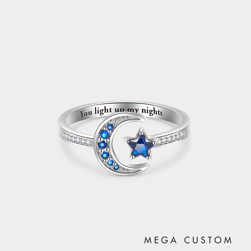 Personalized Moon and Star Birthstone Ring with Custom Engraving, Elegant Sterling Silver Jewelry for Meaningful Romantic Gifts