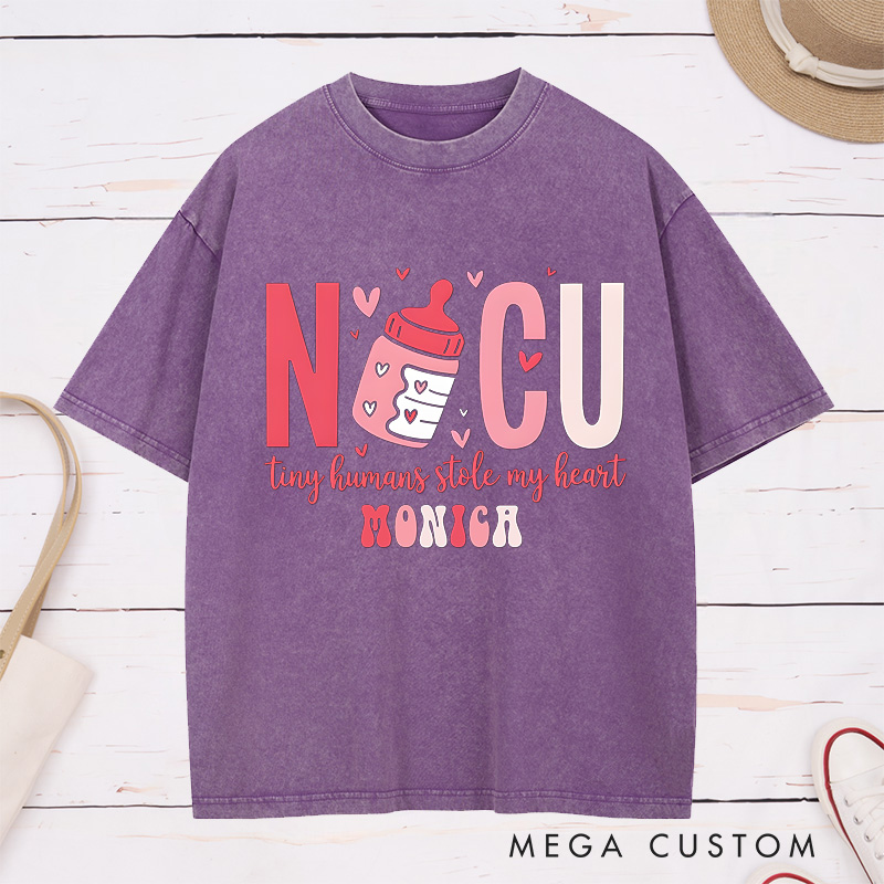 Personalized Nurse Washed T-Shirt Customized NICU Tiny Humans Stole My Heart Design Washed T-Shirt 