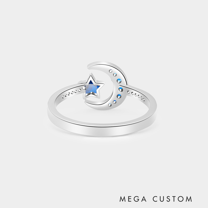 Personalized Moon and Star Birthstone Ring with Custom Engraving, Elegant Sterling Silver Jewelry for Meaningful Romantic Gifts
