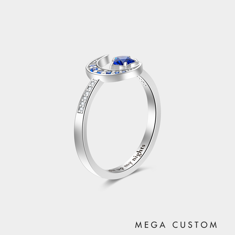 Personalized Moon and Star Birthstone Ring with Custom Engraving, Elegant Sterling Silver Jewelry for Meaningful Romantic Gifts