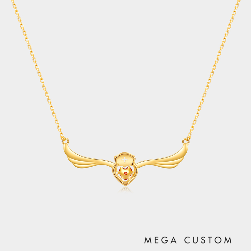 Personalized Sterling Silver Elegant Angel Wings Nurse Necklace with Custom Birthstone