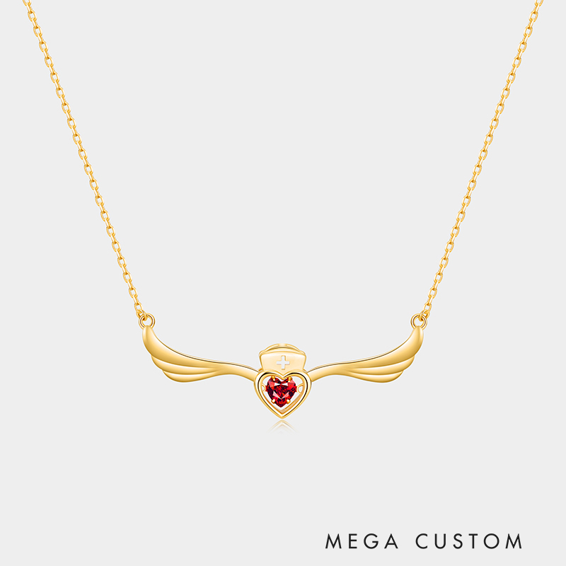 Personalized Sterling Silver Elegant Angel Wings Nurse Necklace with Custom Birthstone