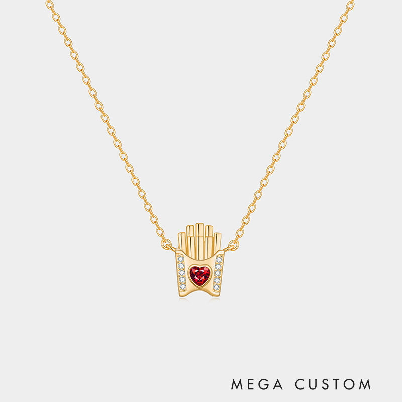 Personalized Fun Sterling Silver French Fries Pendant Necklace with Custom Birthstone