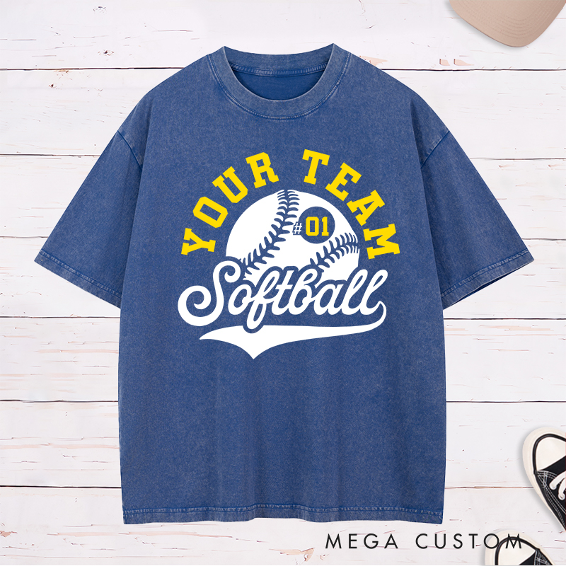 Personalized Softball Washed T-Shirt Team Logo Design Featuring a Customizable Team Name Dynamic Softball Graphic and Customizable Player Number