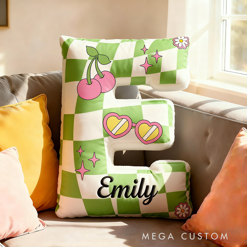 Personalized Flower Cherry Checkered Pillow with Custom Name 3D Graphic Print Unique Cushion Gifts