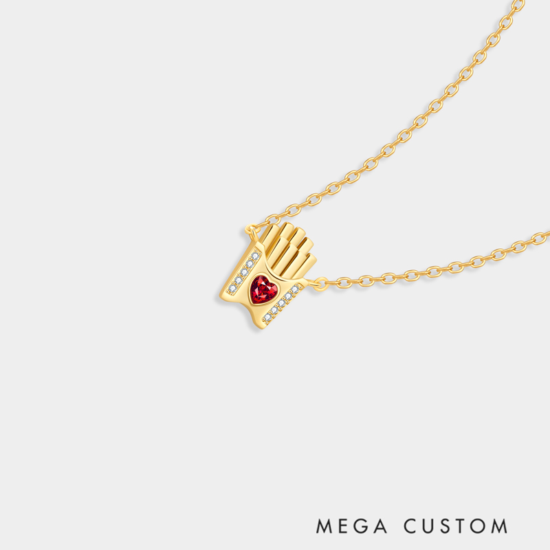 Personalized Fun Sterling Silver French Fries Pendant Necklace with Custom Birthstone