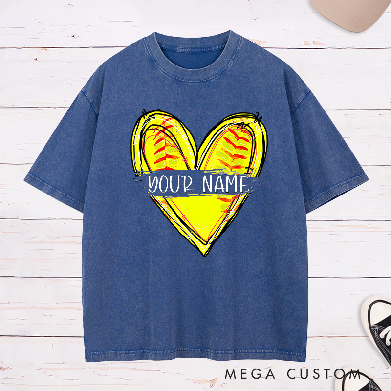 Personalized Softball Heart Washed T-Shirt Design Featuring Customizable Name with Bright Yellow Softball Stitching Graphic