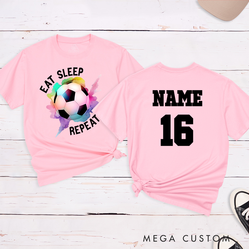 Personalized Soccer T-Shirt with "Eat Sleep Repeat" Design and Custom Name and Number
