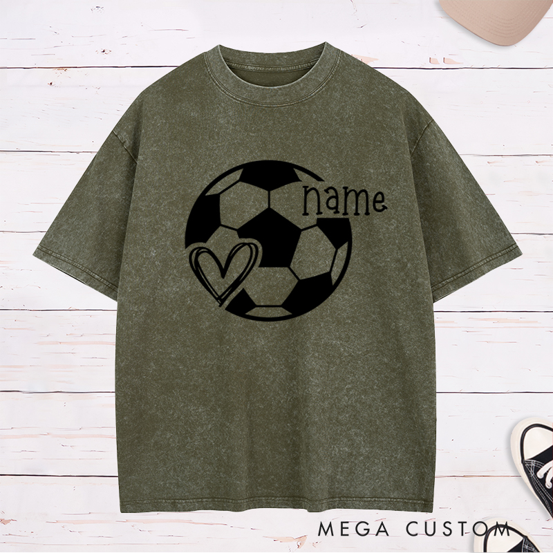 Personalized Soccer Heart Washed T-Shirt with Custom Name Design