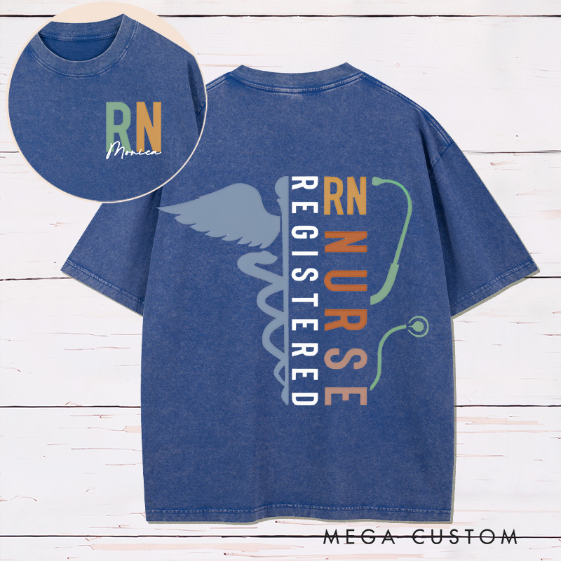 Personalized Two Sides Printed Washed T-Shirt Customized Registered Nurse Design Washed T-Shirt 
