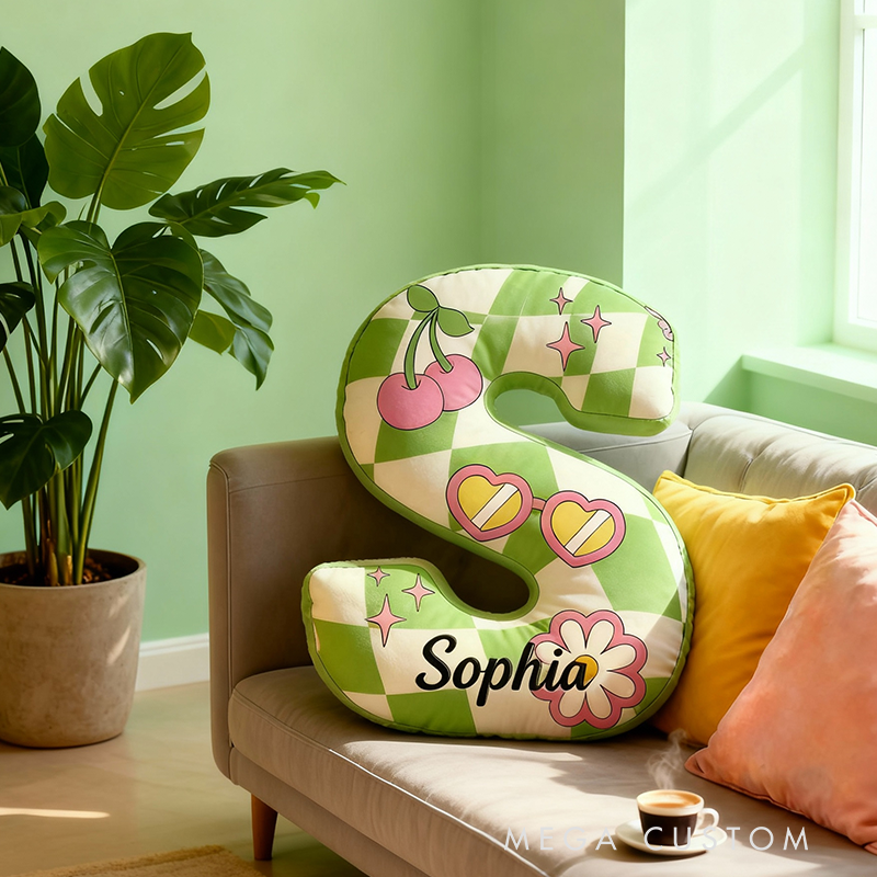 Personalized Flower Cherry Checkered Pillow with Custom Name 3D Graphic Print Unique Cushion Gifts