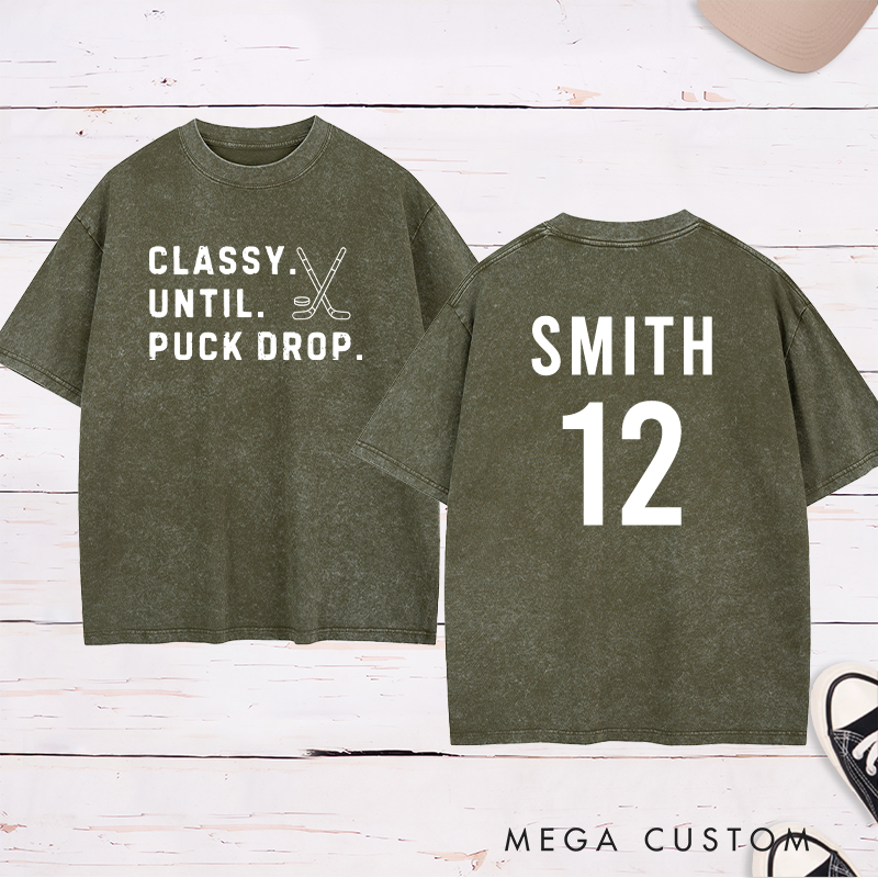 Personalized "Classy Until Puck Drop" Hockey Washed T-Shirt with Custom Name and Number