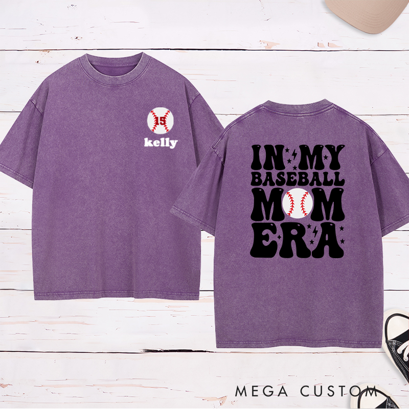Personalized "In My Baseball Mom Era" Washed T-Shirt Custom Name & Number