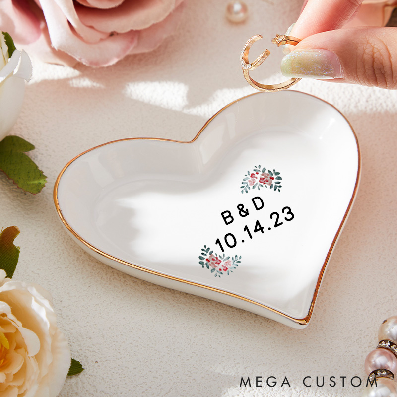 Personalized Red Floral Wedding Monogram with Initials and Date Wedding Engagement Gold-Trimmed Ring Dishes