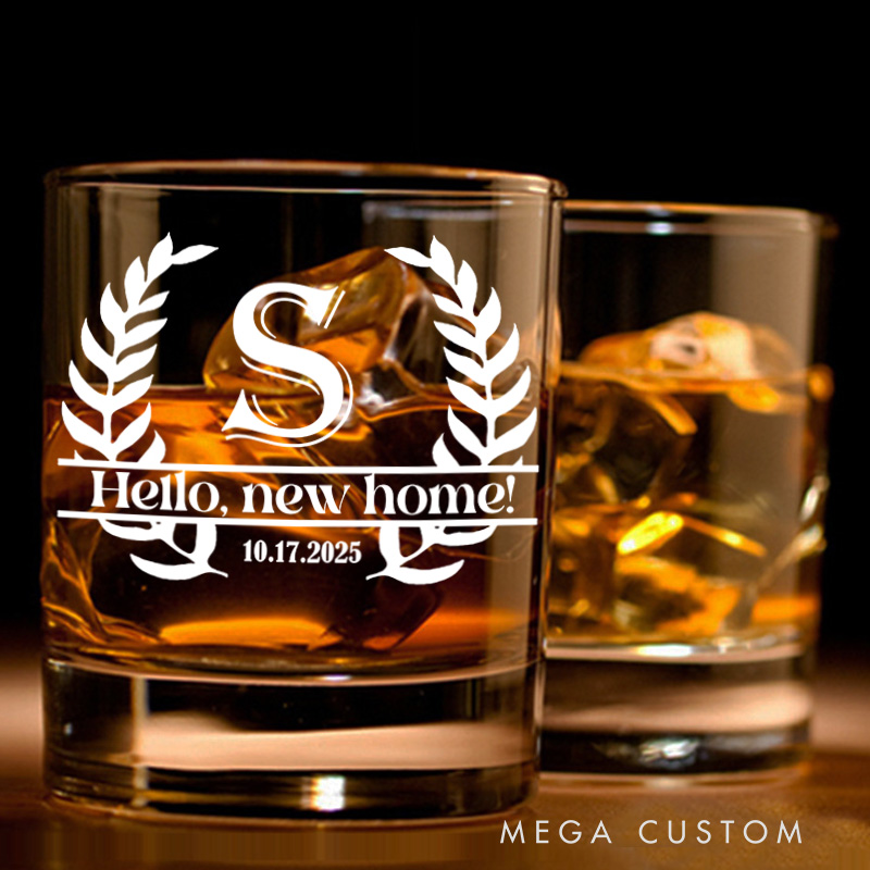 Personalized Hello New Home Whiskey Tumblers with Initial Custom Whiskey Glass New Homeowner Housewarming Gift Moving House Gift Bourbon Glasses