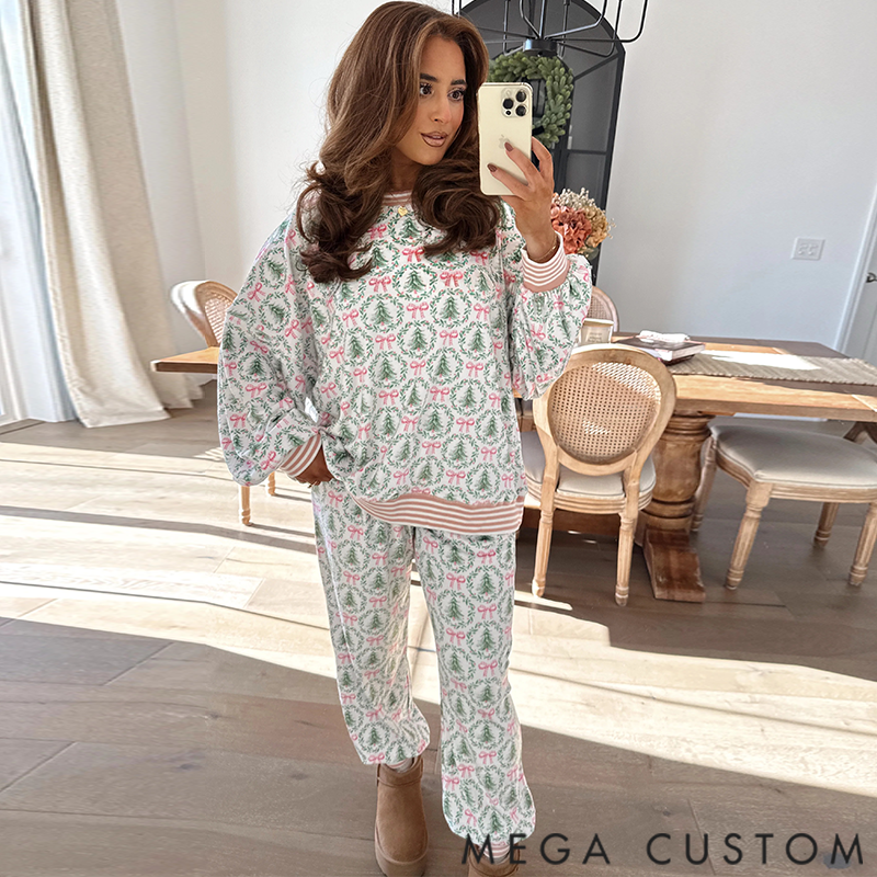 Personalized Christmas Trees and Bows Pajama Set for Mom and Daughter