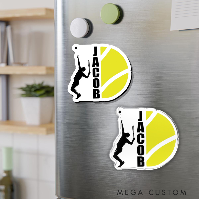 Personalized Tennis Player Fridge Magnet Custom Name and Silhouette Design 