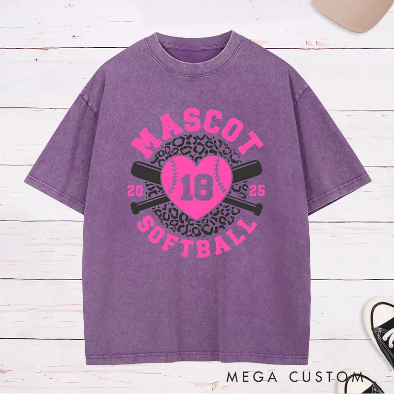 Personalized Softball Team Washed T-Shirt Design Featuring Customizable Team Name Leopard Print Heart-Shaped Softball Graphic Crossed Bats and Player Number