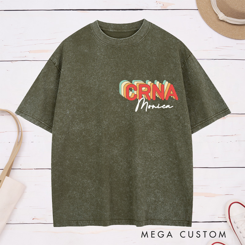 Personalized Nurse Washed T-Shirt Customized Vintage Brown CRNA Design Washed T-Shirt 