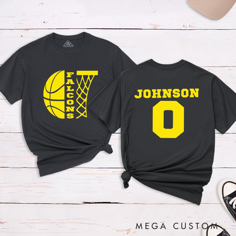 Personalized Basketball T-Shirt with Custom Team Name, Player Name, Number, and Hoop Graphic Design