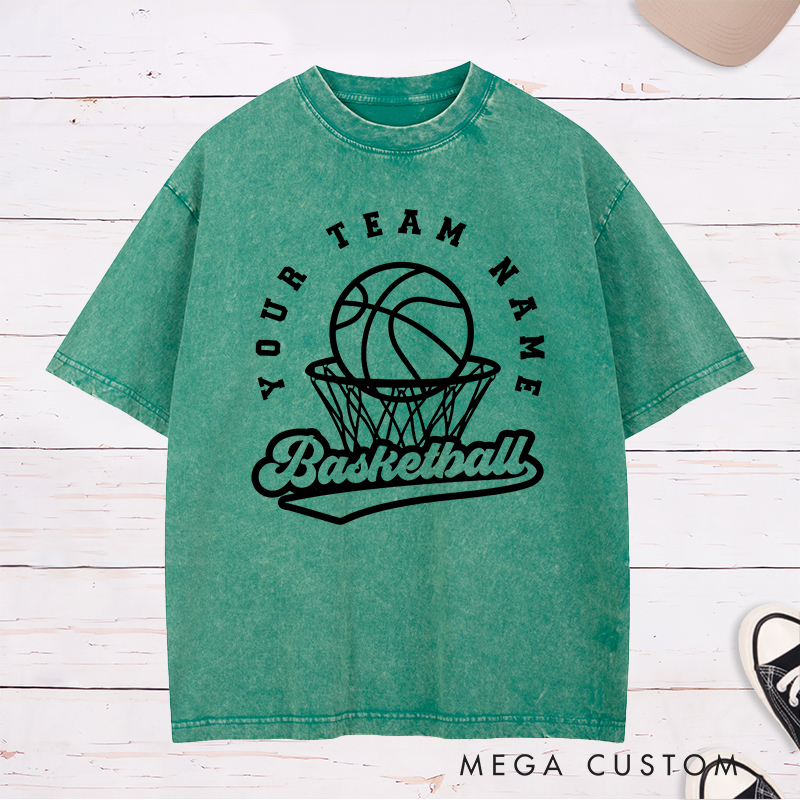 Personalized Washed T-Shirt Design Featuring Custom Team Name with Basketball Hoop and Ball Graphic for a Classic Sporty Look
