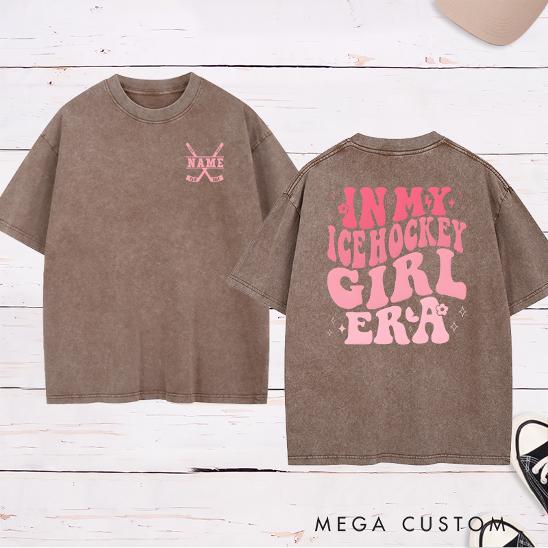 Personalized "Ice Hockey Girl Era" Washed T-Shirt with Custom Name