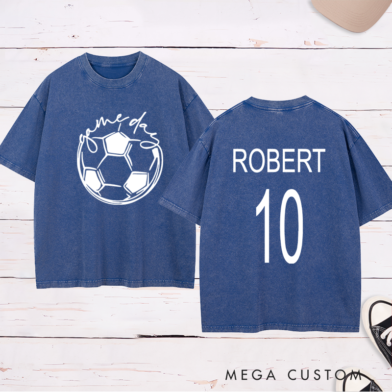 Personalized Washed Soccer T-Shirt with Custom Name, Number, and "Game Day" Graphic Design