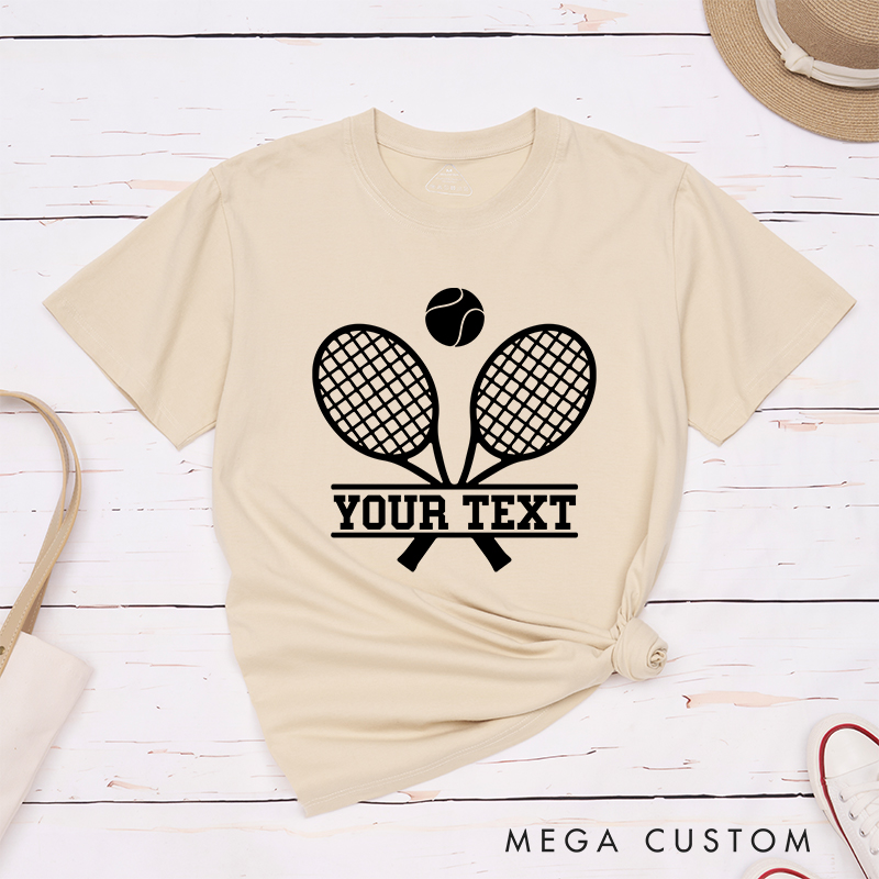 Personalized Tennis T-Shirt with Crossed Rackets Design and Custom Text