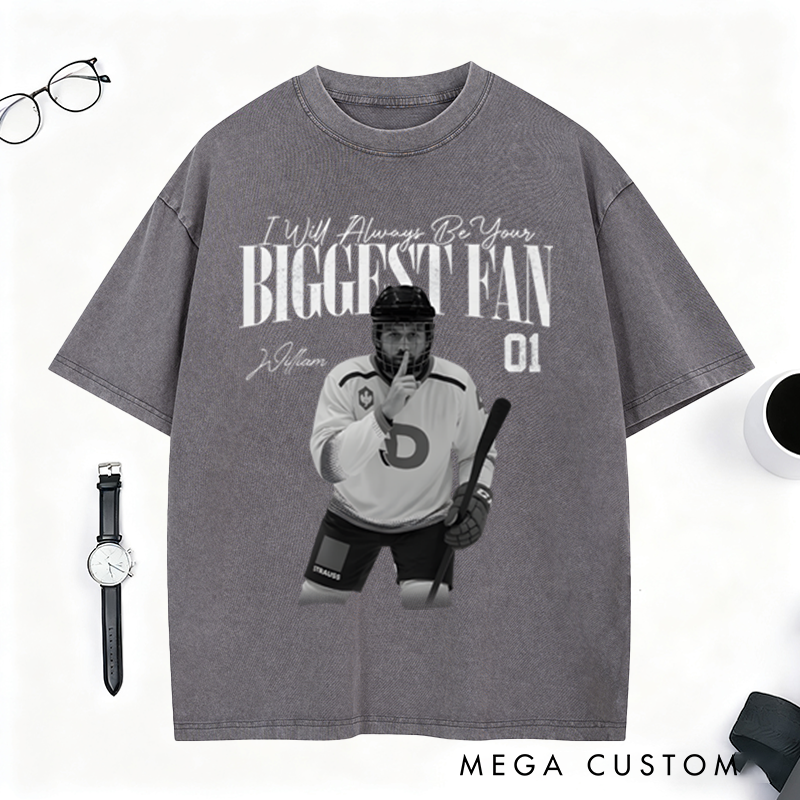 Personalized Ice Hockey Fan Washed T-Shirt with Custom Player Image, Name, and Number
