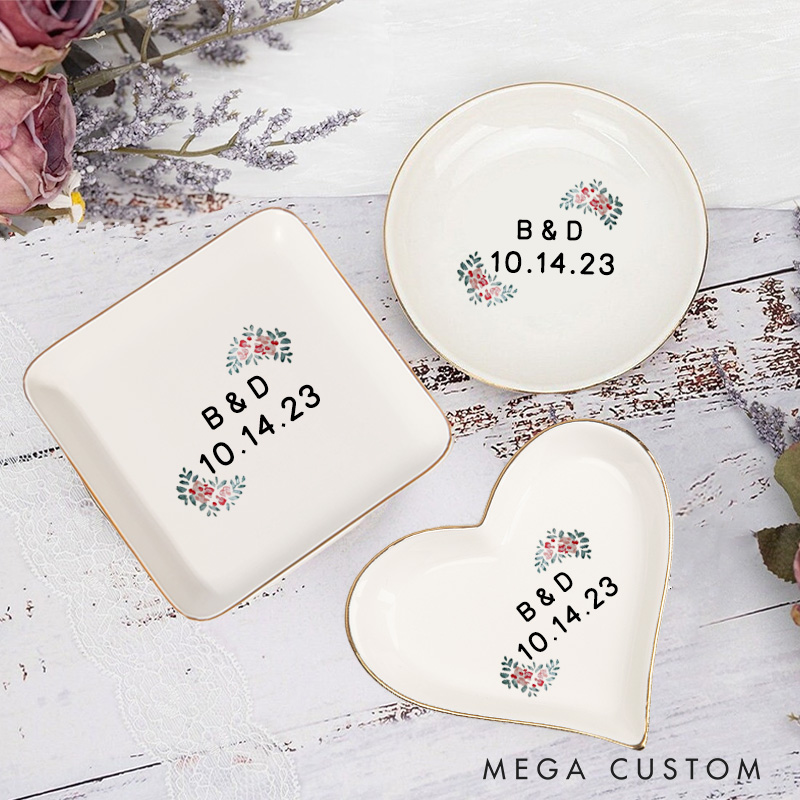 Personalized Red Floral Wedding Monogram with Initials and Date Wedding Engagement Gold-Trimmed Ring Dishes