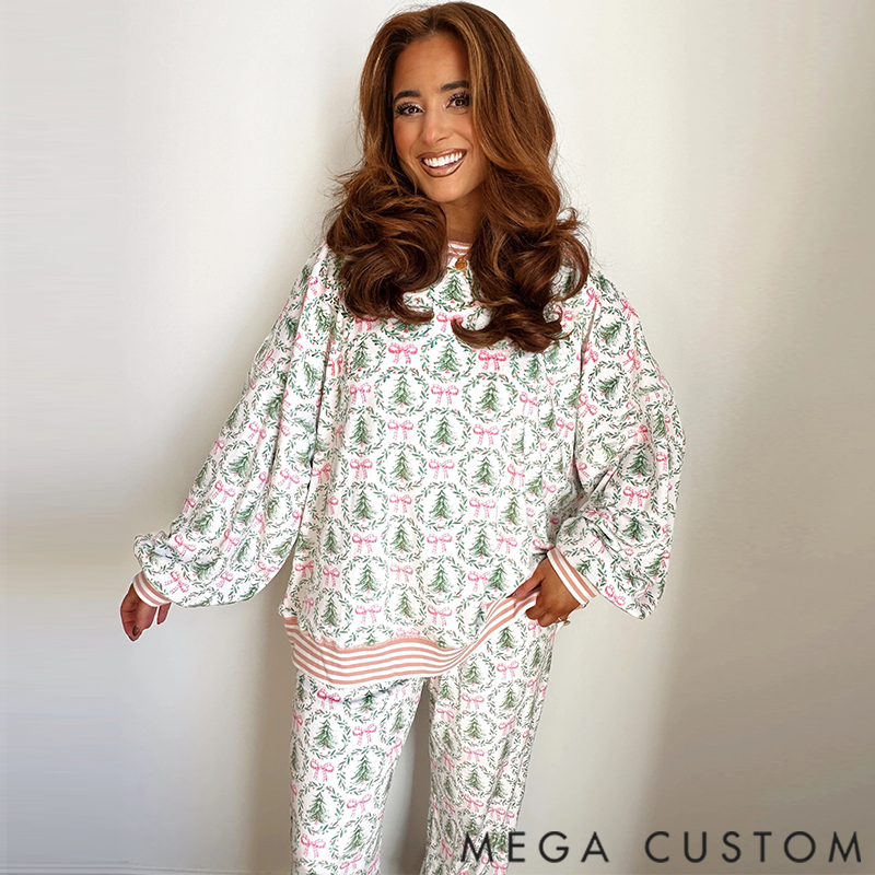 Personalized Christmas Trees and Bows Pajama Set for Mom and Daughter