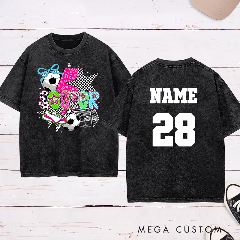 Personalized Star-Themed Soccer Washed T-Shirt with Custom Name and Number