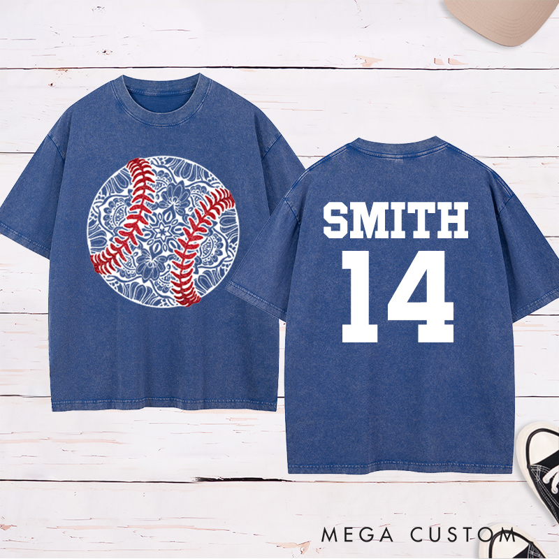 Personalized Mandala Baseball Washed T-Shirt with Custom Name and Number