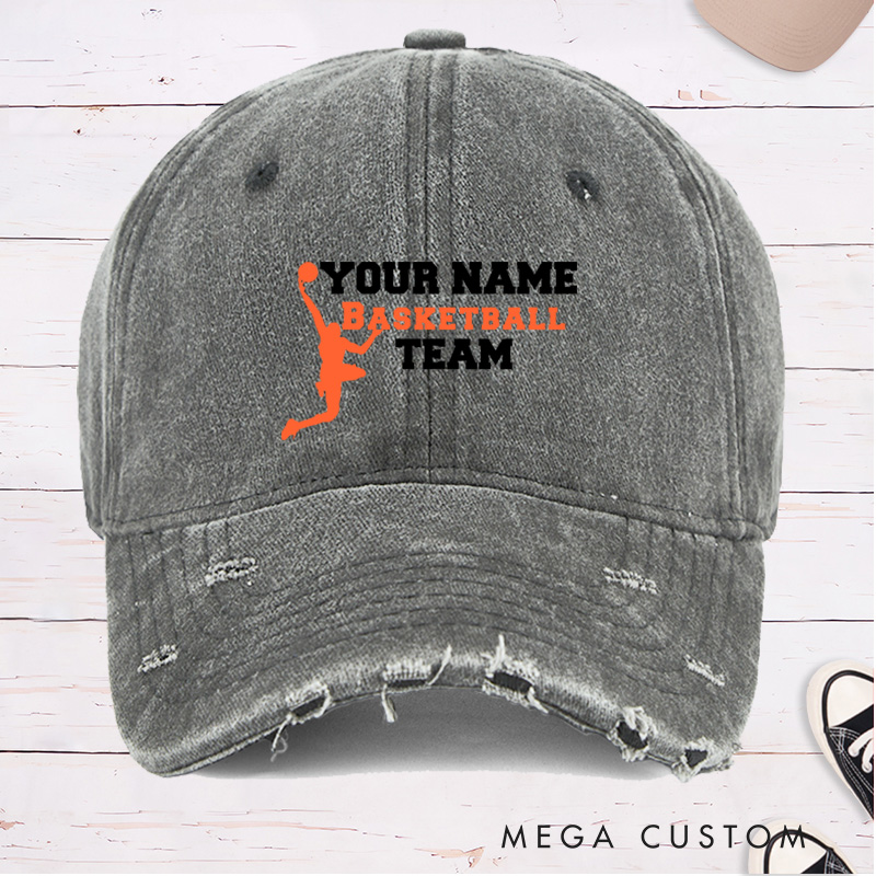 Personalized Distressed Denim Basketball Cap with Custom Name and Team Name Design