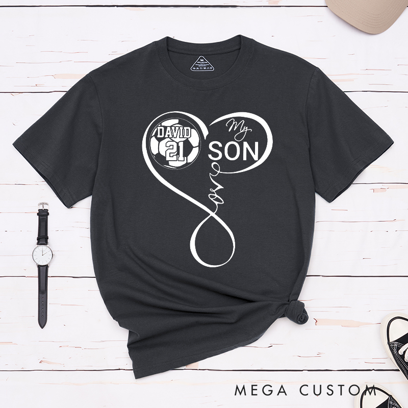 Personalized "My Son" Soccer T-Shirt with Heart Design and Custom Name and Number