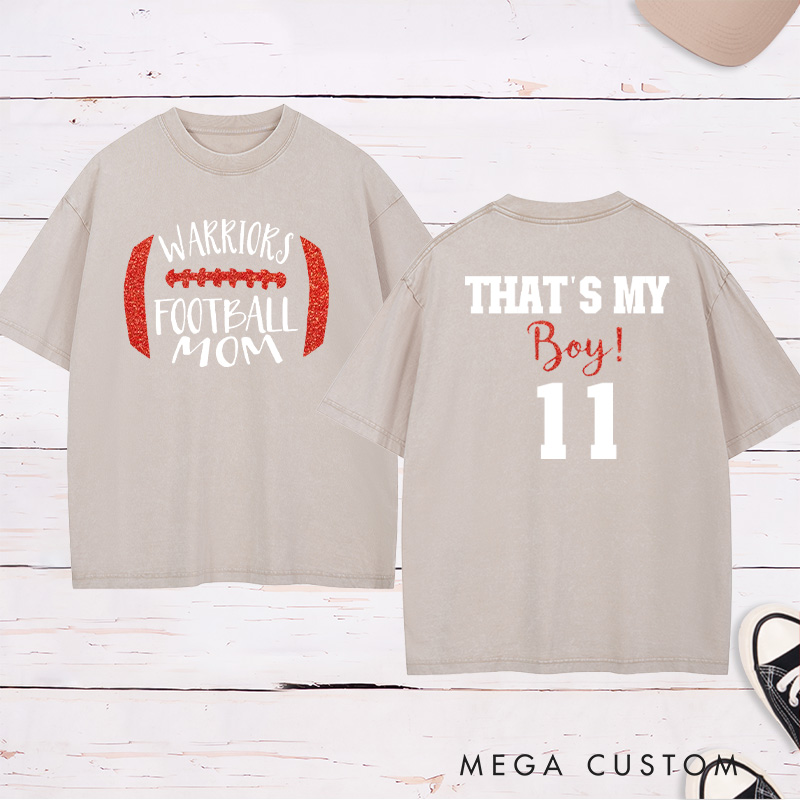 Personalized American Football Washed T-Shirts for "That's My Boy" with Custom Team Name and Number