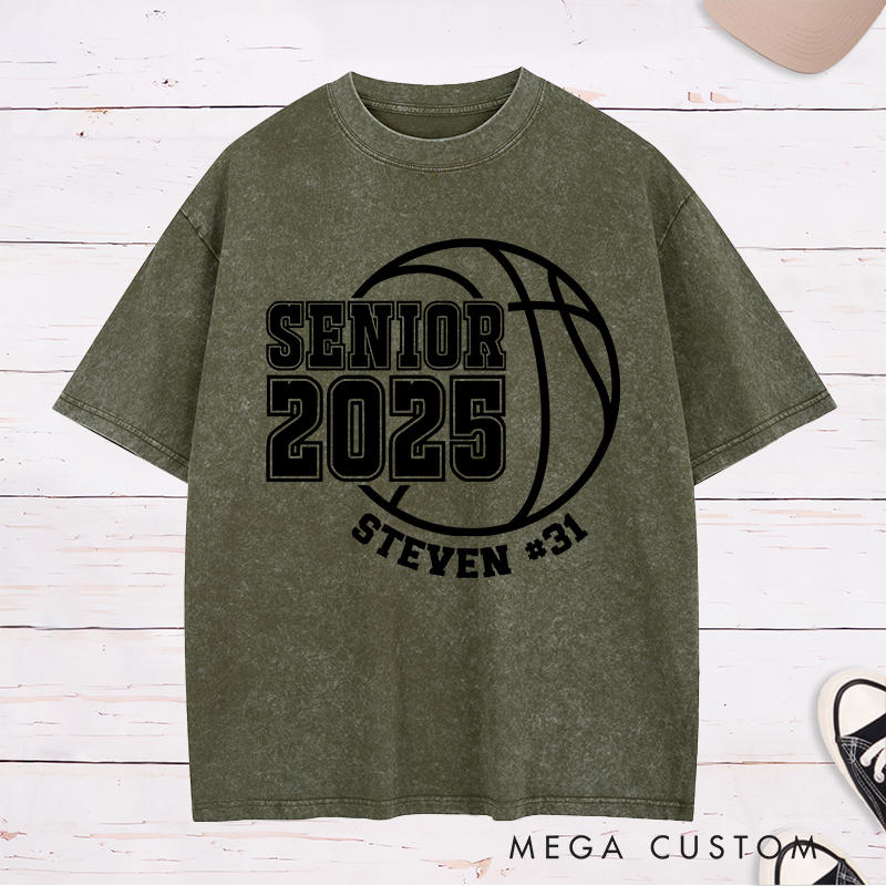 Personalized Washed T-Shirt Design Featuring Senior Year Basketball Graphic with Customizable Name and Number
