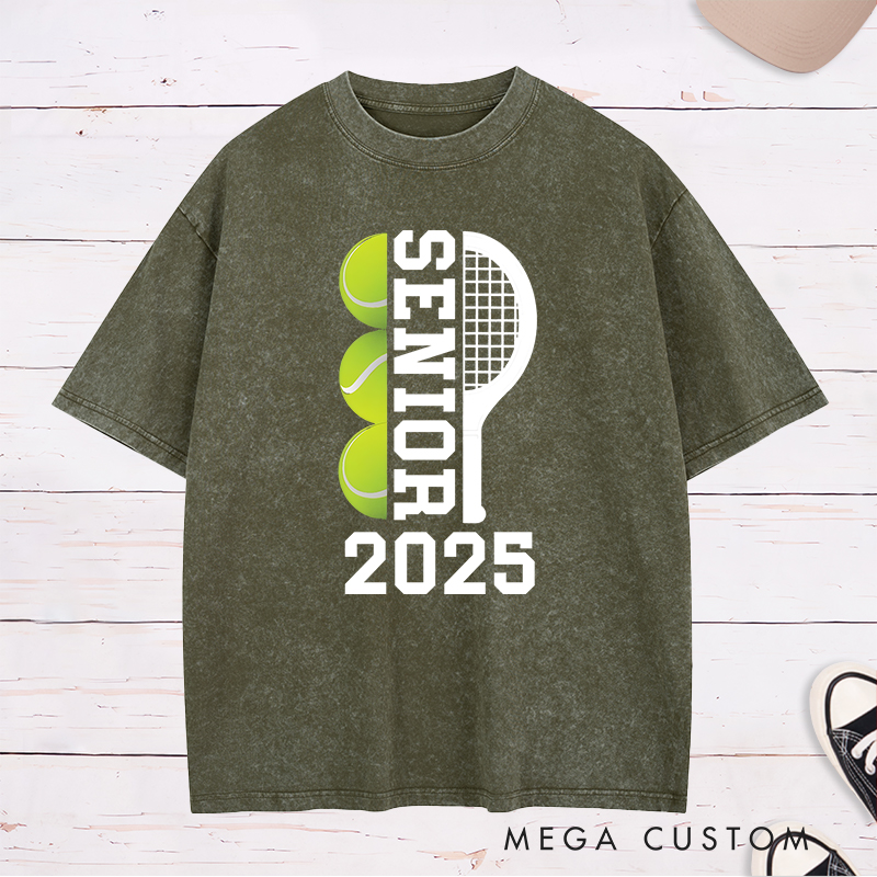 Personalized Senior Tennis Washed T-Shirt with Graduation Year and Custom Name