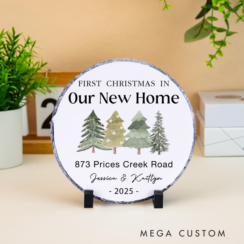Personalized First Christmas in Our New Home Decorative Plaque Custom Tree Design with Address and Names Tabletop Display Perfect for Housewarming Gift Keepsake