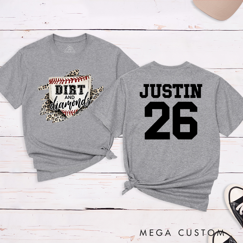 Personalized "Dirt and Diamonds" Baseball T-Shirt with Custom Name and Number
