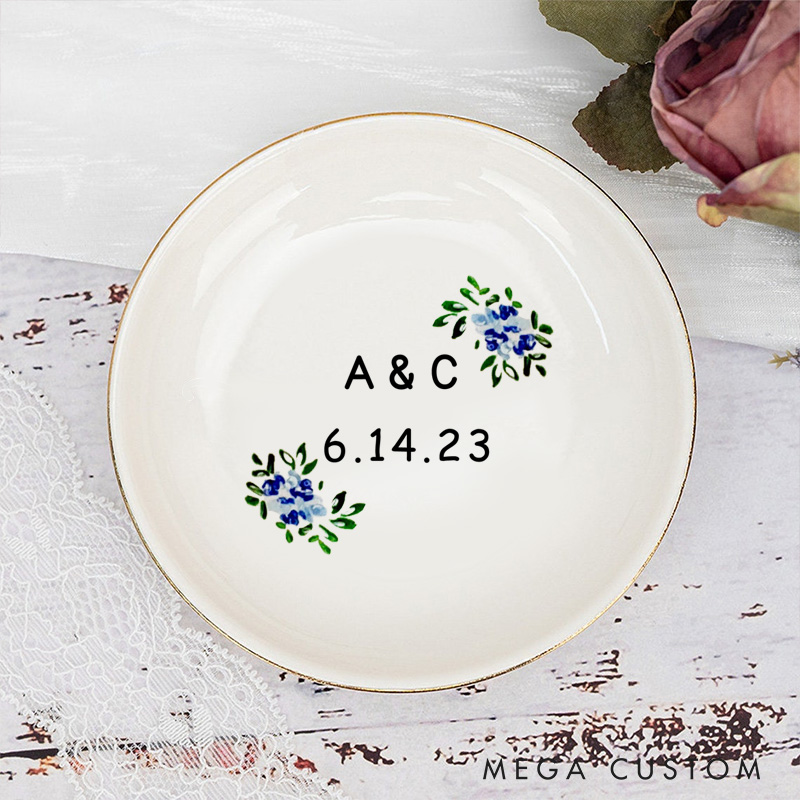 Personalized Blue Floral Wedding Monogram with Initials and Date Wedding Engagement Gold-Trimmed Ring Dishes