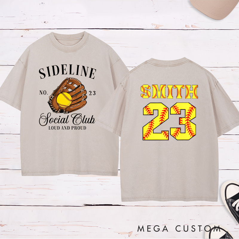 Personalized Softball Sideline Social Club Washed T-Shirt with Custom Name and Number Perfect Gift for Proud Fans Supporters and Players