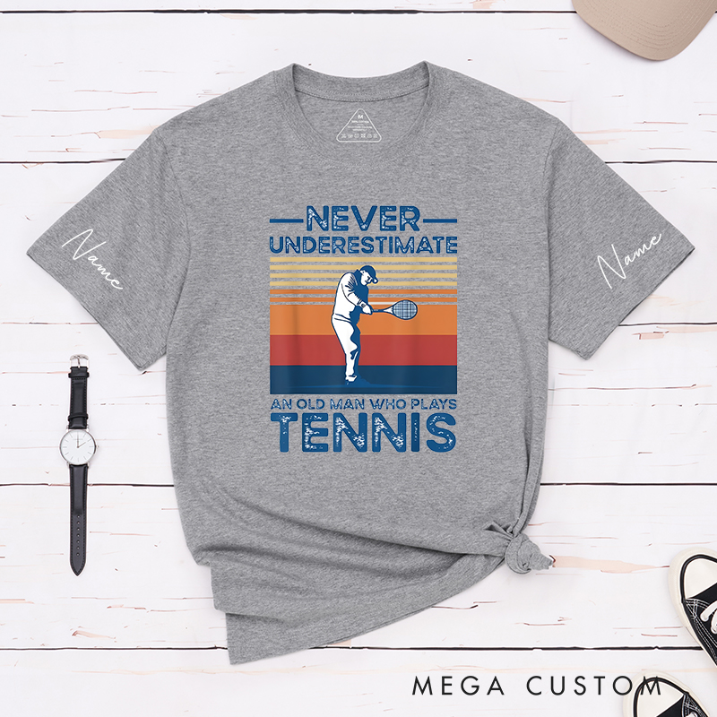 Personalized Tennis T-Shirt with Retro Sunset Graphic and Custom Name 