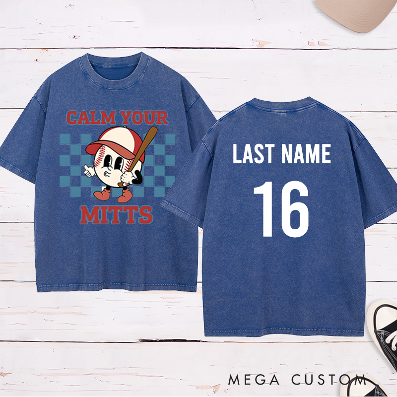 Personalized "Calm Your Mitts" Baseball Washed T-Shirt with Custom Name and Number  