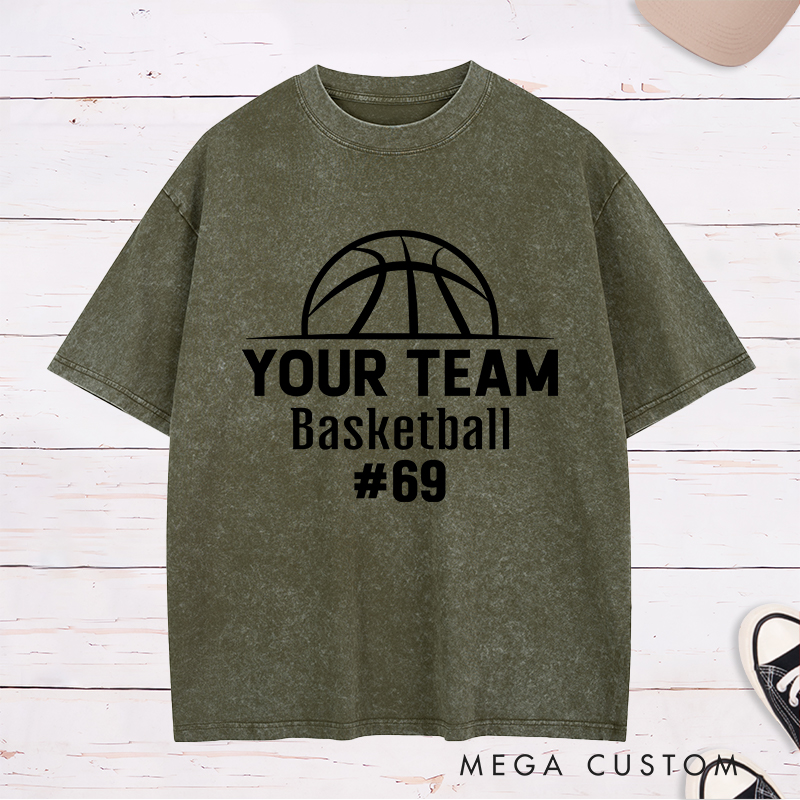 Personalized Washed T-Shirt Design Featuring a Bold Basketball Graphic with Customizable Team Name and Player Number