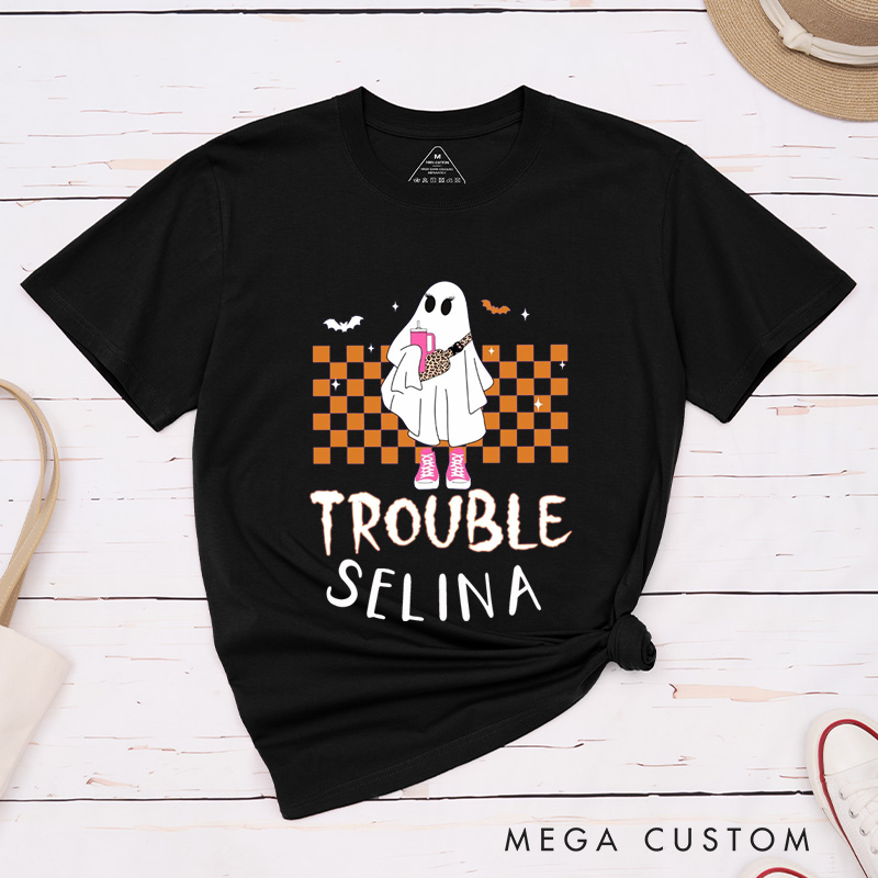 Personalized Where I Go Trouble Follows Halloween Funny Couple Matching T-Shirt Ghost Couple Halloween Shirt