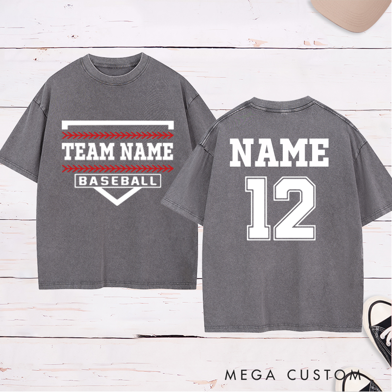 Personalized Team Baseball Washed T-Shirt with Shield Design and Custom Name and Number